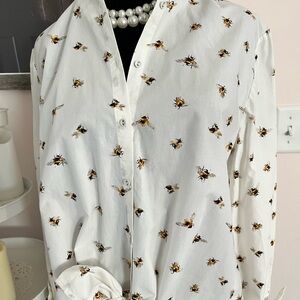 Victoria Beckham White Button-Front Blouse with Bee Motif